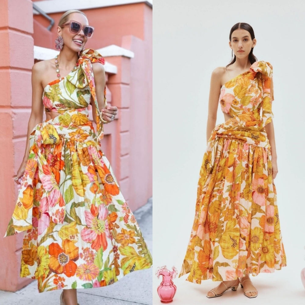 NWT Alemais Silas One Shoulder Floral Gown Orange 6 - Picture 6 of 17